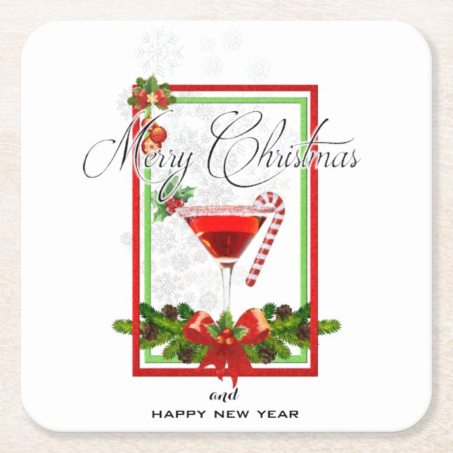 Christmas Cocktail Watercolor Art Square Paper Coaster (Front)