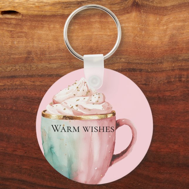 Christmas Cocoa Gold Blush Pink Mint Warm Wishes Key Ring (Front)