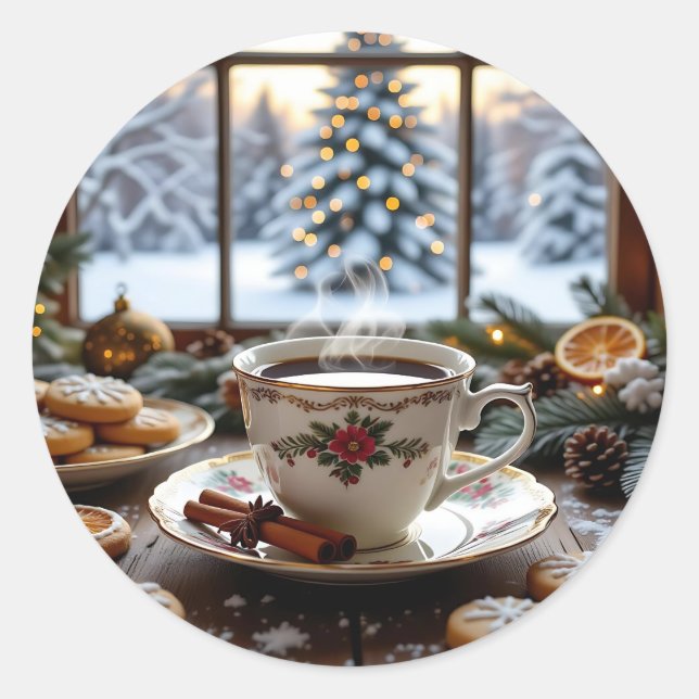 Christmas Coffee and Cookies Winter Window Scene Classic Round Sticker (Front)