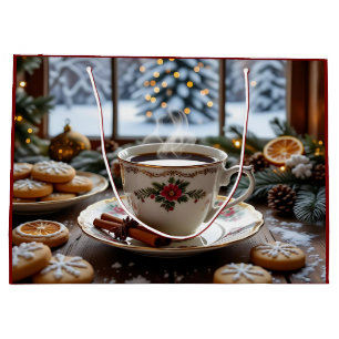 Christmas Coffee and Cookies Winter Window Scene Large Gift Bag