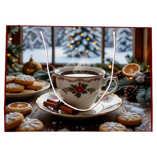 Christmas Coffee and Cookies Winter Window Scene Large Gift Bag (Back)