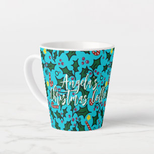 Christmas Coffee Aqua Blue Pattern With Name Latte Mug