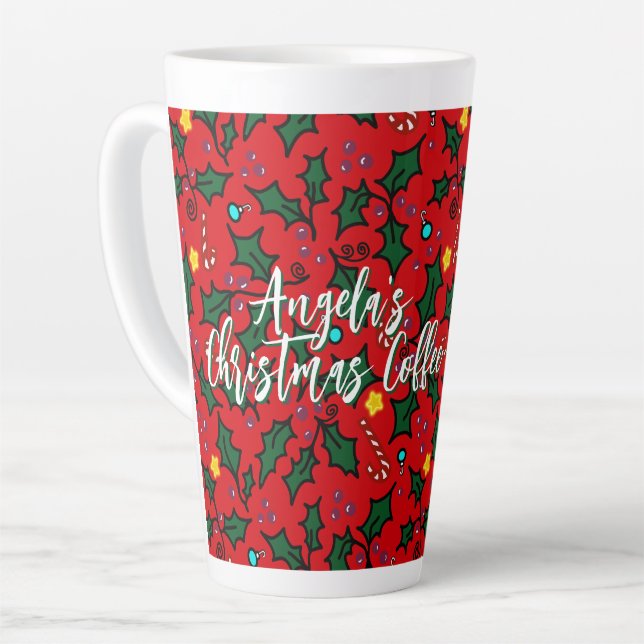 Christmas Coffee Holly Pattern With Name Latte Mug (Left Angle)