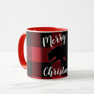 Christmas Coffee Mug Red Plaid Black Bear