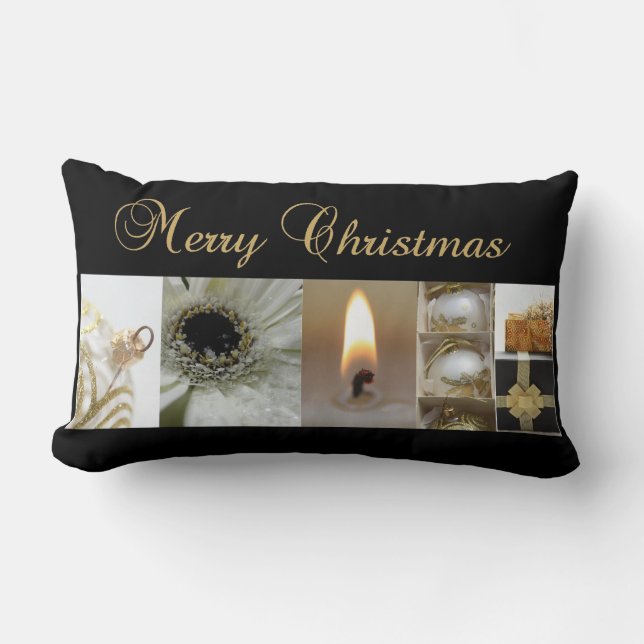 Christmas Collage Black, White and Gold Lumbar Cushion (Front)