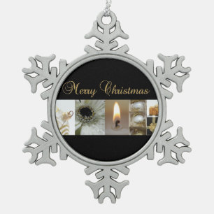 Christmas Collage Black, White and Gold Snowflake Pewter Christmas Ornament