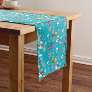 Christmas Collage Pattern on Blue Medium Table Runner