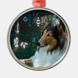 Christmas Collie at Window Metal Tree Decoration
