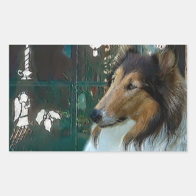 Christmas Collie at Window Rectangular Sticker (Front)