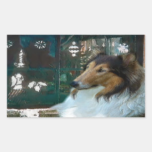 Christmas Collie at Window Rectangular Sticker
