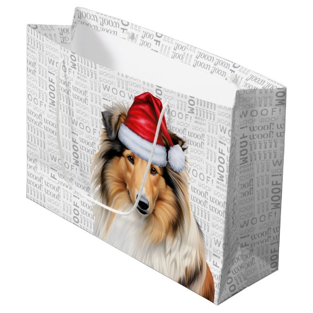 Christmas Collie Dog Lover Woof Words Holiday Large Gift Bag (Front Angled)