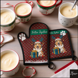Christmas Collie Dog Reindeer Gift Graphic Oven Mitt & Pot Holder Set