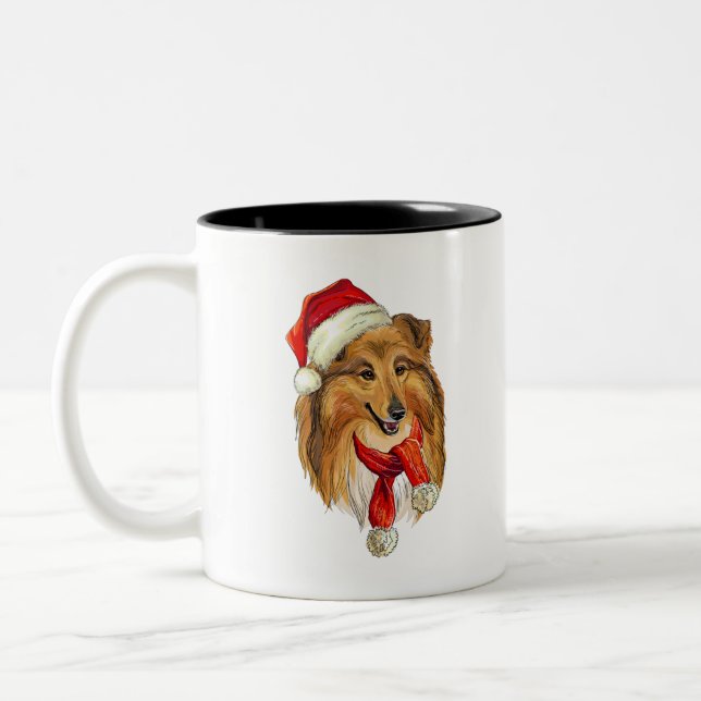 Christmas Collie dog Two-Tone Coffee Mug (Left)