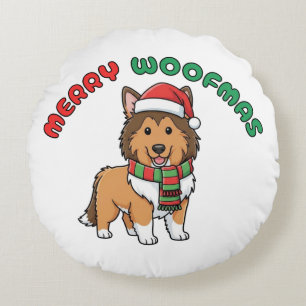 Christmas Collie Round Pillow: Merry Woofmas Round Cushion