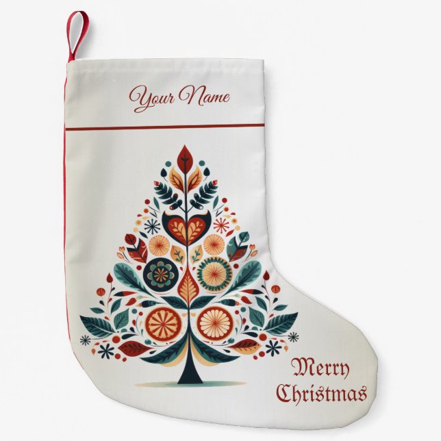 Christmas Colorful Tree Scandinavia Folk Art Small Christmas Stocking (Front)