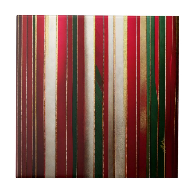Christmas Colour Stripes Red Green White Gold Ceramic Tile (Front)