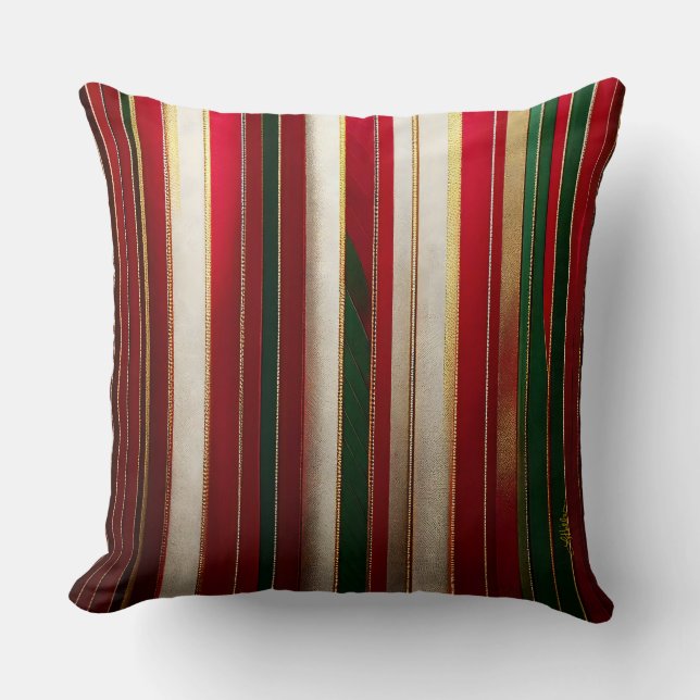 Christmas Colour Stripes Red Green White Gold Cushion (Front)