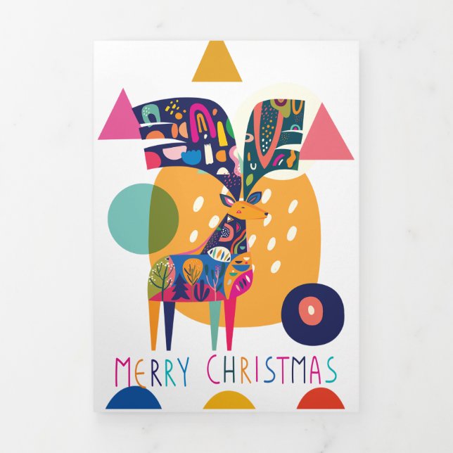 Christmas Colourful Abstract Reindeer Personalised Tri-Fold Holiday Card (Cover)