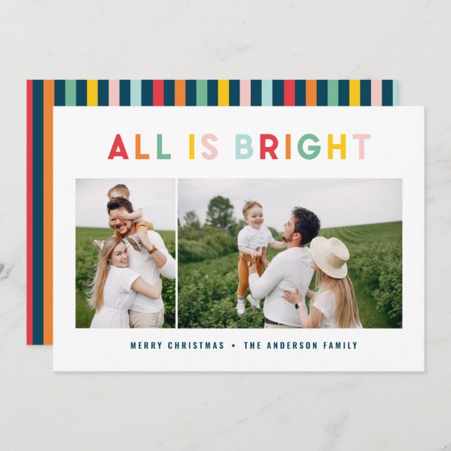 Christmas colourful bright 1 photo modern family holiday card (Front/Back)