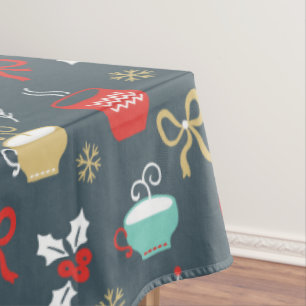 Christmas Colourful Cups, Bows And Mistletoe Tablecloth