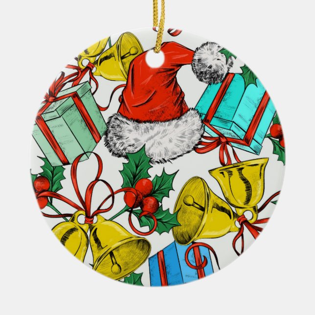 Christmas Colourful Gifts Red Santa Hats Holidays Ceramic Ornament (Front)