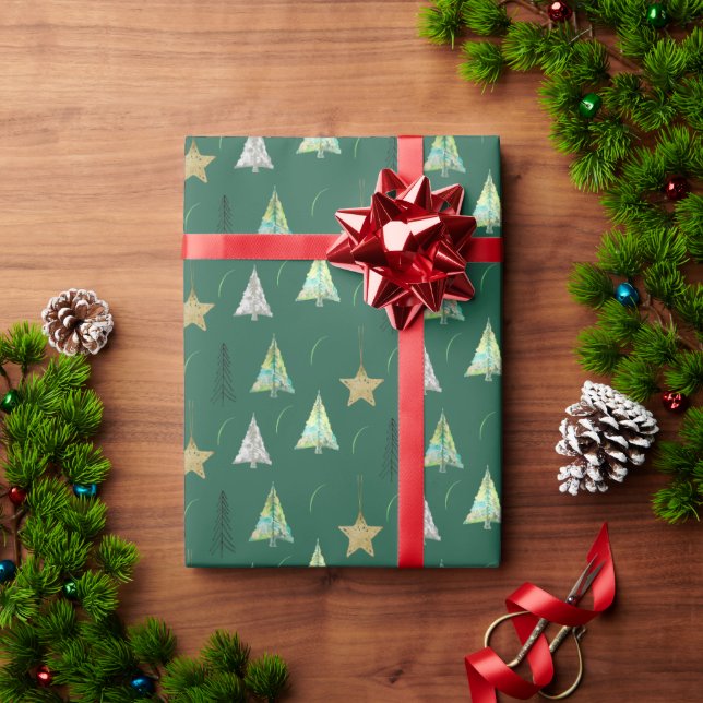 Christmas Colourful Pine Tree Watercolor Pattern Wrapping Paper (Holiday Gift)