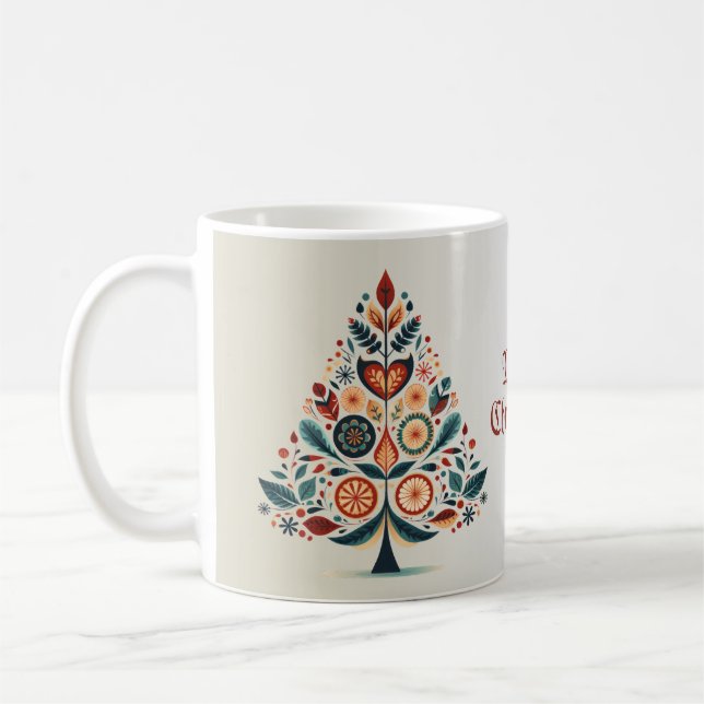 Christmas Colourful Tree Scandinavia Folk Art Coffee Mug (Left)