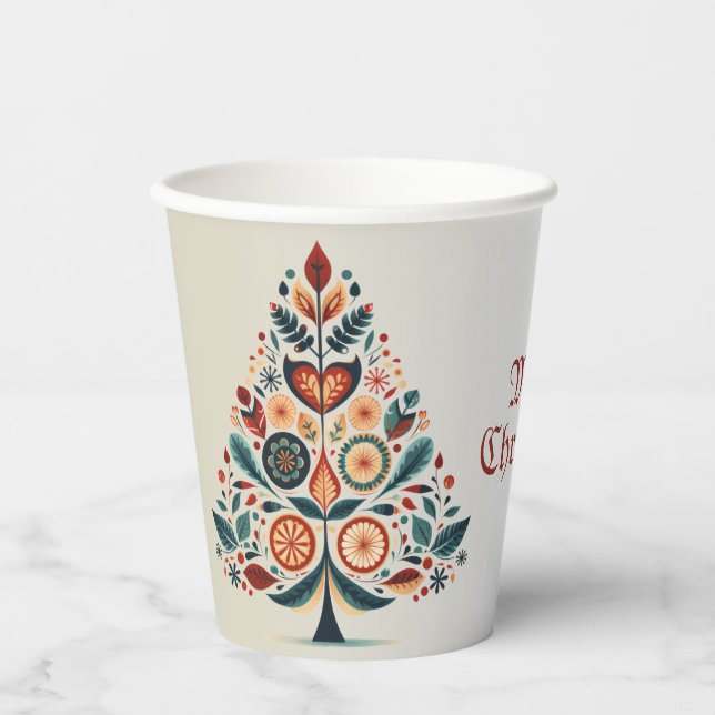 Christmas Colourful Tree Scandinavia Folk Art Paper Cups (Front)