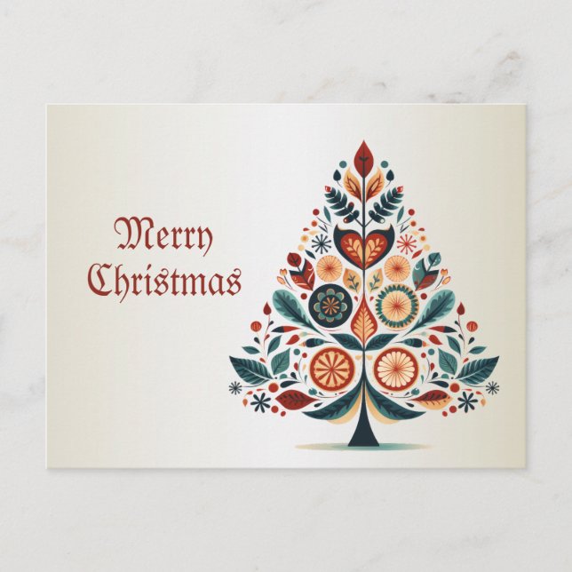 Christmas Colourful Tree Scandinavia Folk Art Postcard (Front)