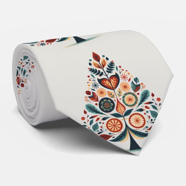 Christmas Colourful Tree Scandinavia Folk Art Tie (Rolled)