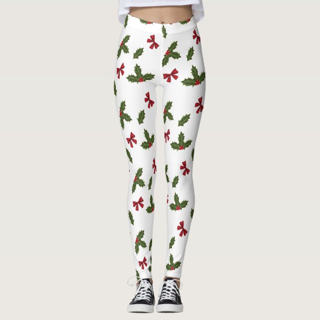 Christmas Common Holly Plant And Red Bows Pattern Leggings (Front)