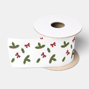 Christmas Common Holly Plant And Red Bows Pattern Satin Ribbon