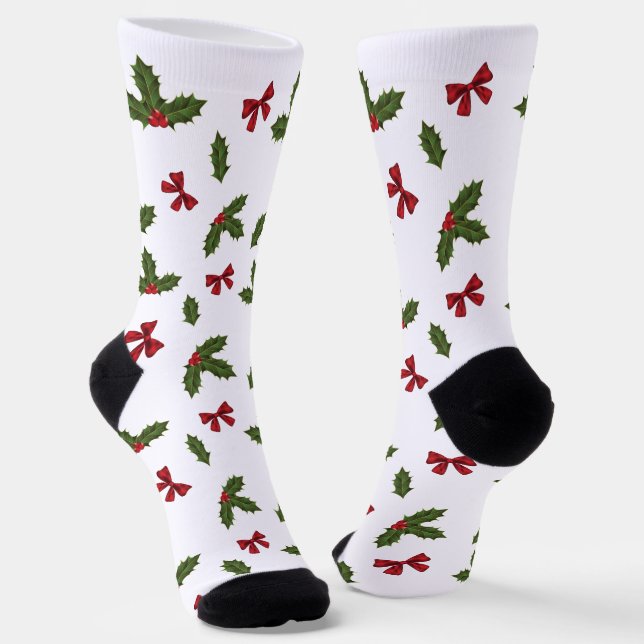 Christmas Common Holly Plant And Red Bows Pattern Socks (Angled)
