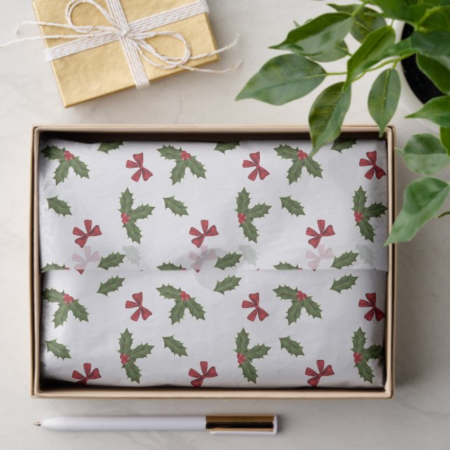 Christmas Common Holly Plant And Red Bows Pattern Tissue Paper (Gift)