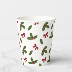 Christmas Common Holly Plants And Red Bows Pattern Paper Cups