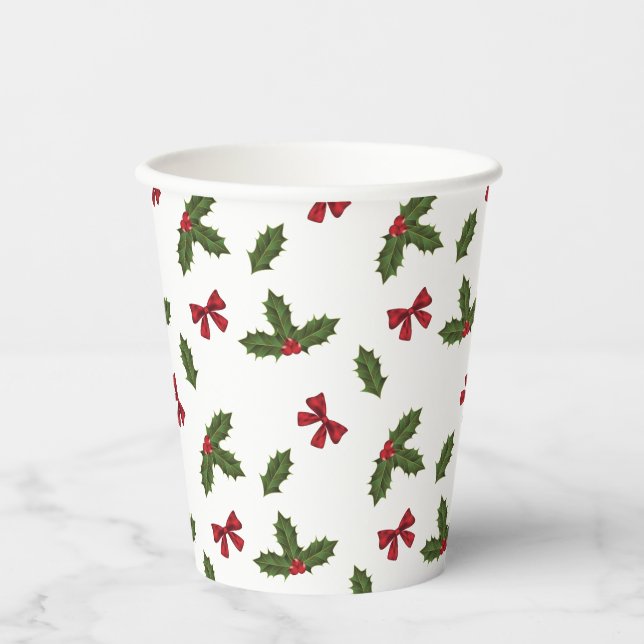 Christmas Common Holly Plants And Red Bows Pattern Paper Cups (Front)