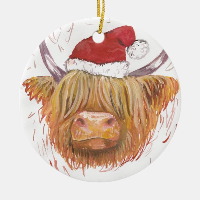 christmas coo Highland Cow with Christmas Hat Ceramic Ornament (Front)