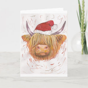 christmas coo Highland Cow with Christmas Hat Holiday Card