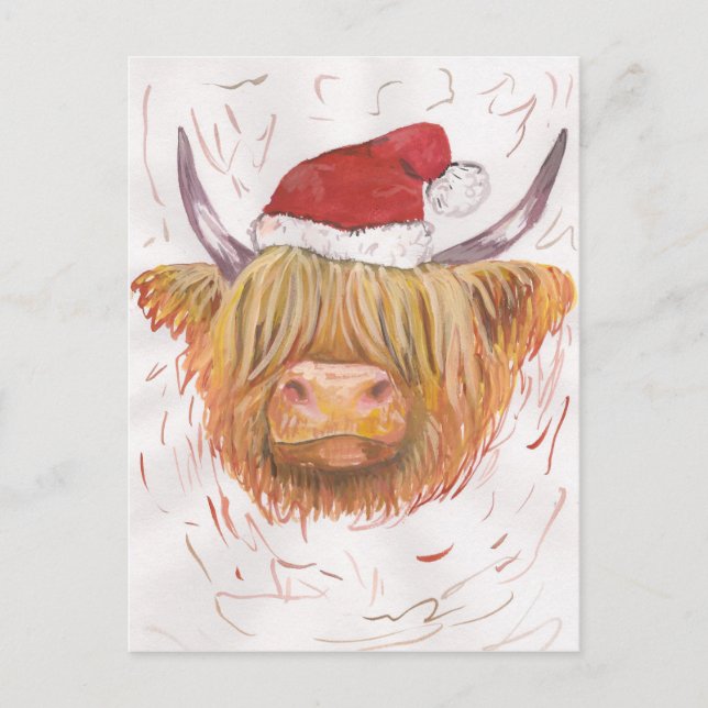 christmas coo Highland Cow with Christmas Hat Holiday Postcard (Front)