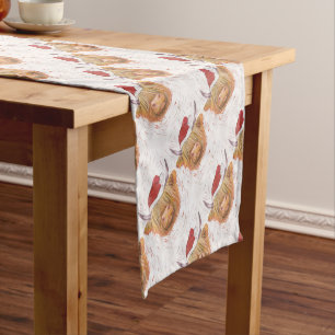 christmas coo Highland Cow with Christmas Hat Short Table Runner