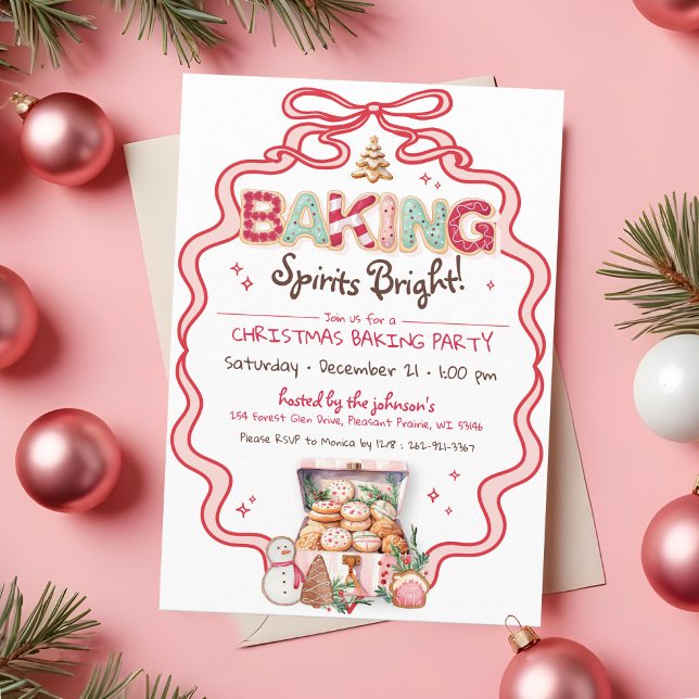Christmas Cookie Baking Party Coquette Pink Bow Invitation (Cute pink red green coquette bow ribbon frame Baking Spirits Bright Christmas cookie Baking Invite)