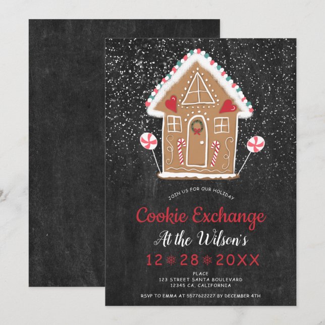 Christmas cookie exchange black ginger bread house invitation (Front/Back)