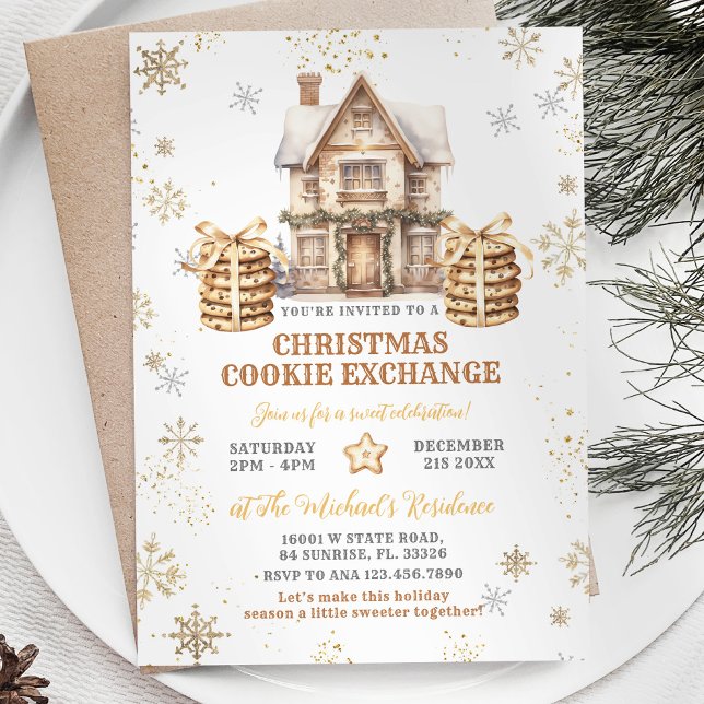 Christmas Cookie Exchange Gold Snowflake Party Invitation (Creator Uploaded)