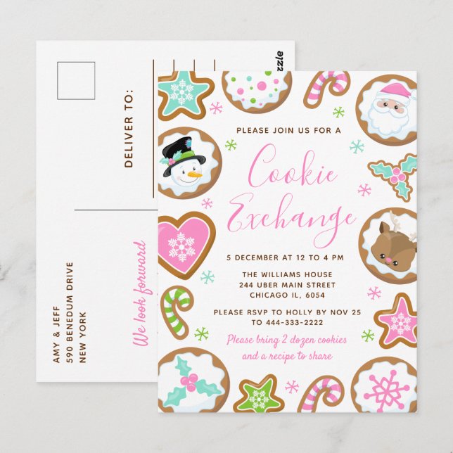 Christmas Cookie Exchange Pink and Green Postcard (Front/Back)