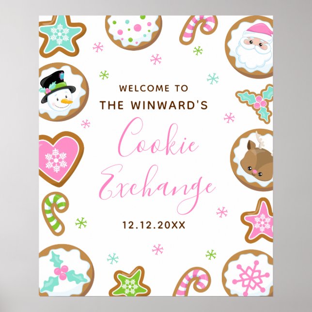 Christmas Cookie Exchange Pink Green Welcome Sign (Front)