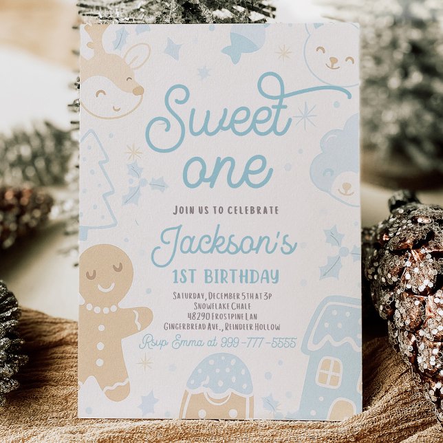 Christmas Cookie First Birthday Boy Invitation (Christmas cookie first birthday boy invitation with gingerbread, festive holiday cookies, and red-gr)