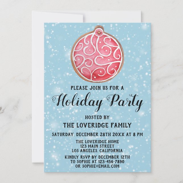 Christmas Cookie Holiday Party Red Ball Blue Snow Invitation (Front)