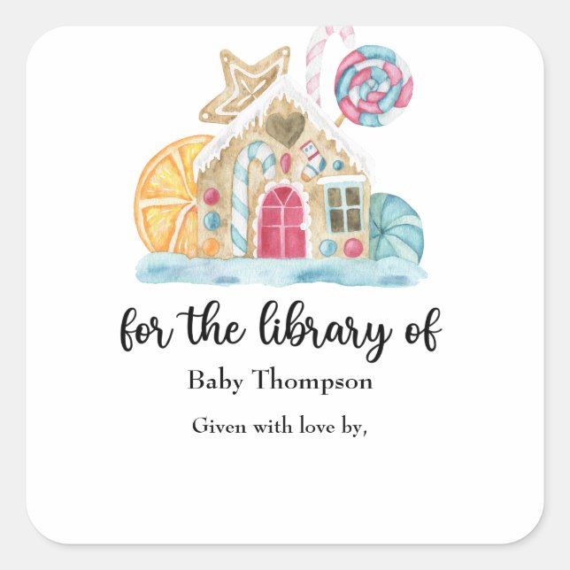 Christmas cookie house - baby shower bookplate square sticker (Front)