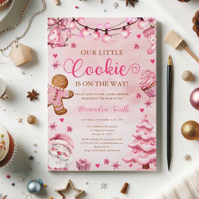 Christmas Cookie Pink Gingerbread Baby Shower Invitation (Girl Christmas A Little Cookie Pink Gingerbread Baby Shower Invitation)