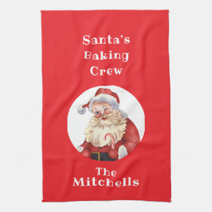 Christmas Cookie Retro Santa's Baking Crew NAME Tea Towel